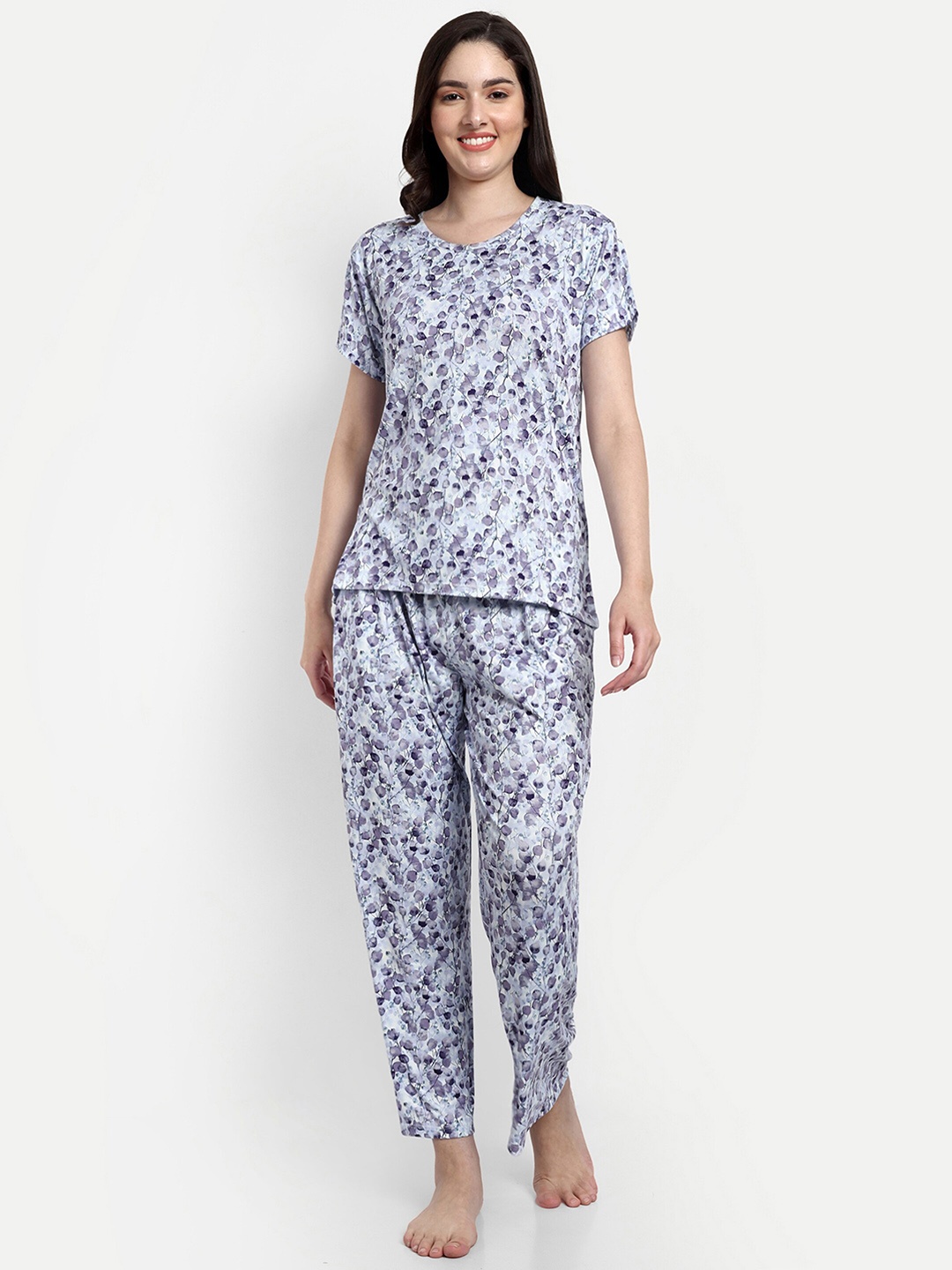 

NIGHT FLOSS Floral Printed Pure Cotton Night Suit, Purple