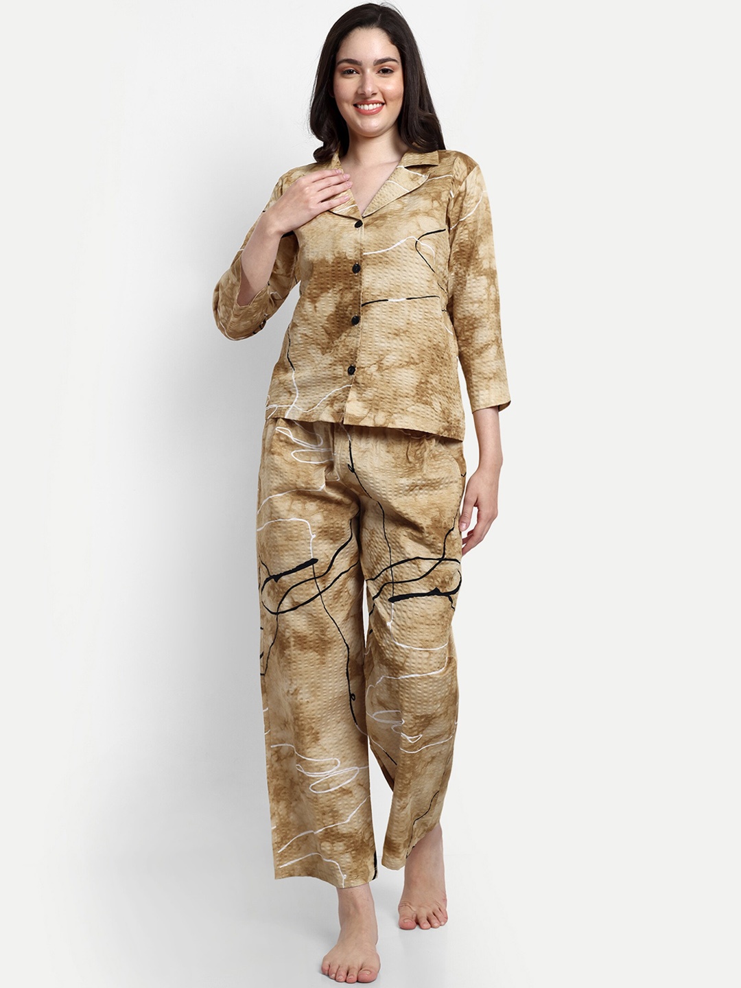 

NIGHT FLOSS Abstract Printed Night suit, Yellow