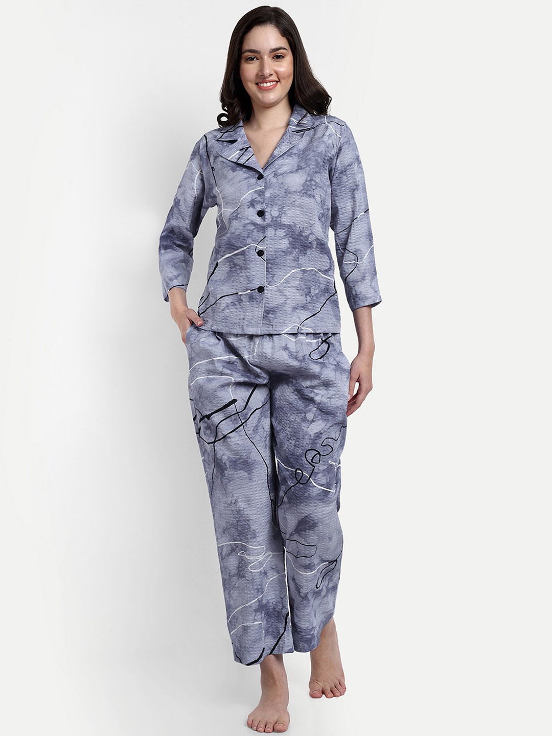 

NIGHT FLOSS Abstract Printed Night Suit, Blue