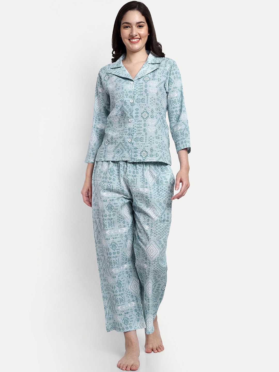 

NIGHT FLOSS Geometric Printed Night suit, Turquoise blue