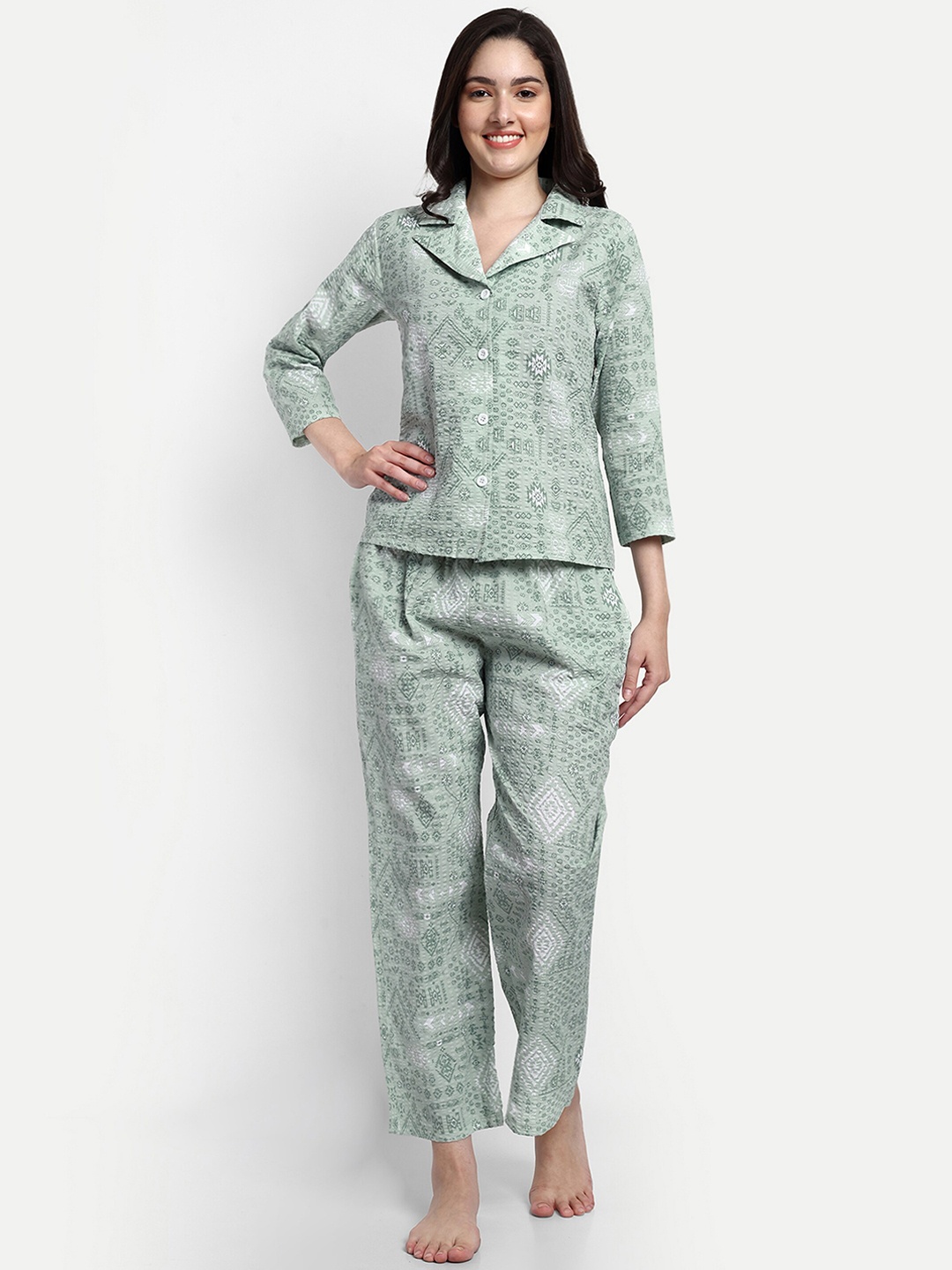 

NIGHT FLOSS Geometric Printed Night suit, Sea green