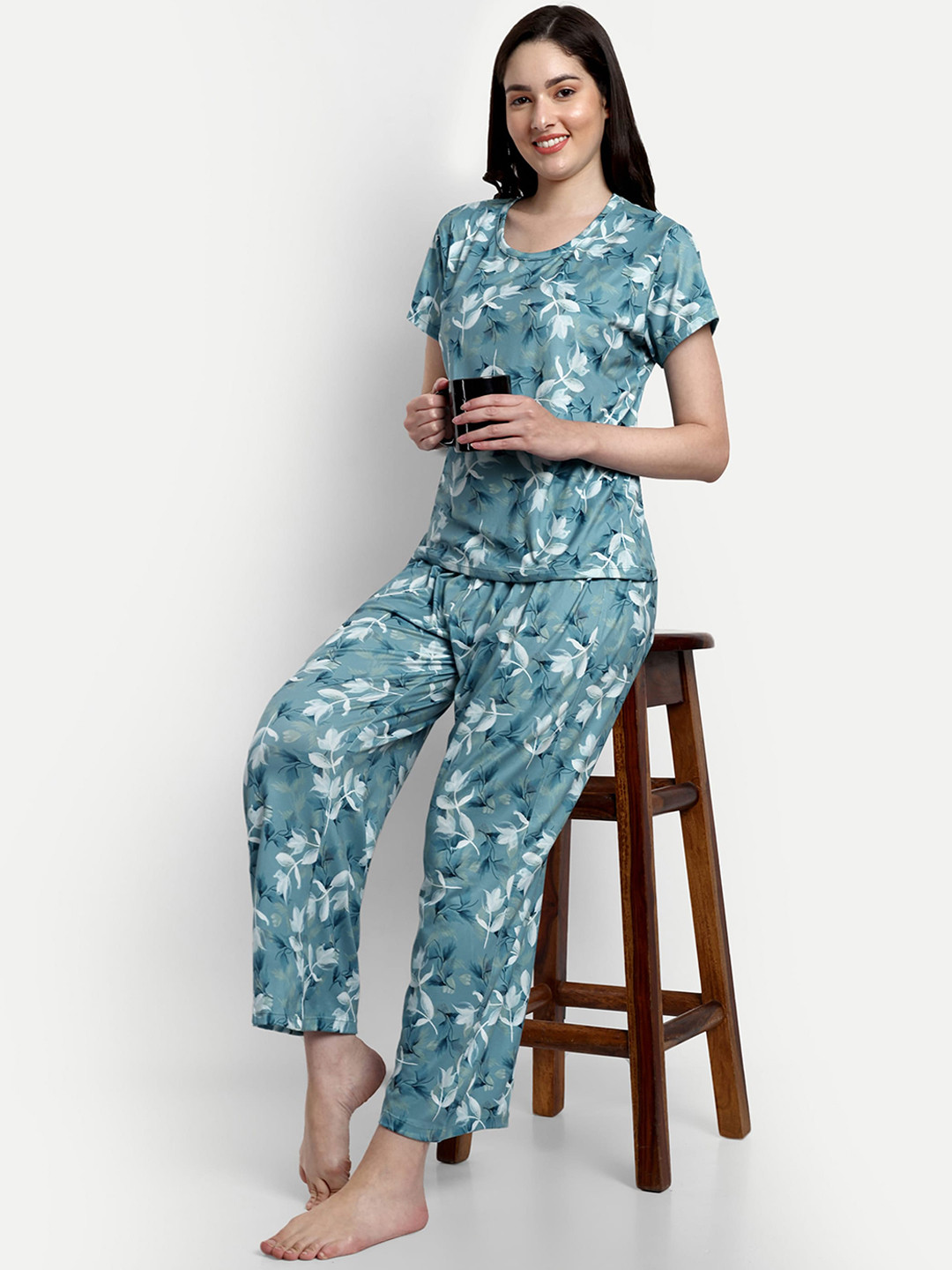 

NIGHT FLOSS Floral Printed Pure Cotton Night Suit, Turquoise blue