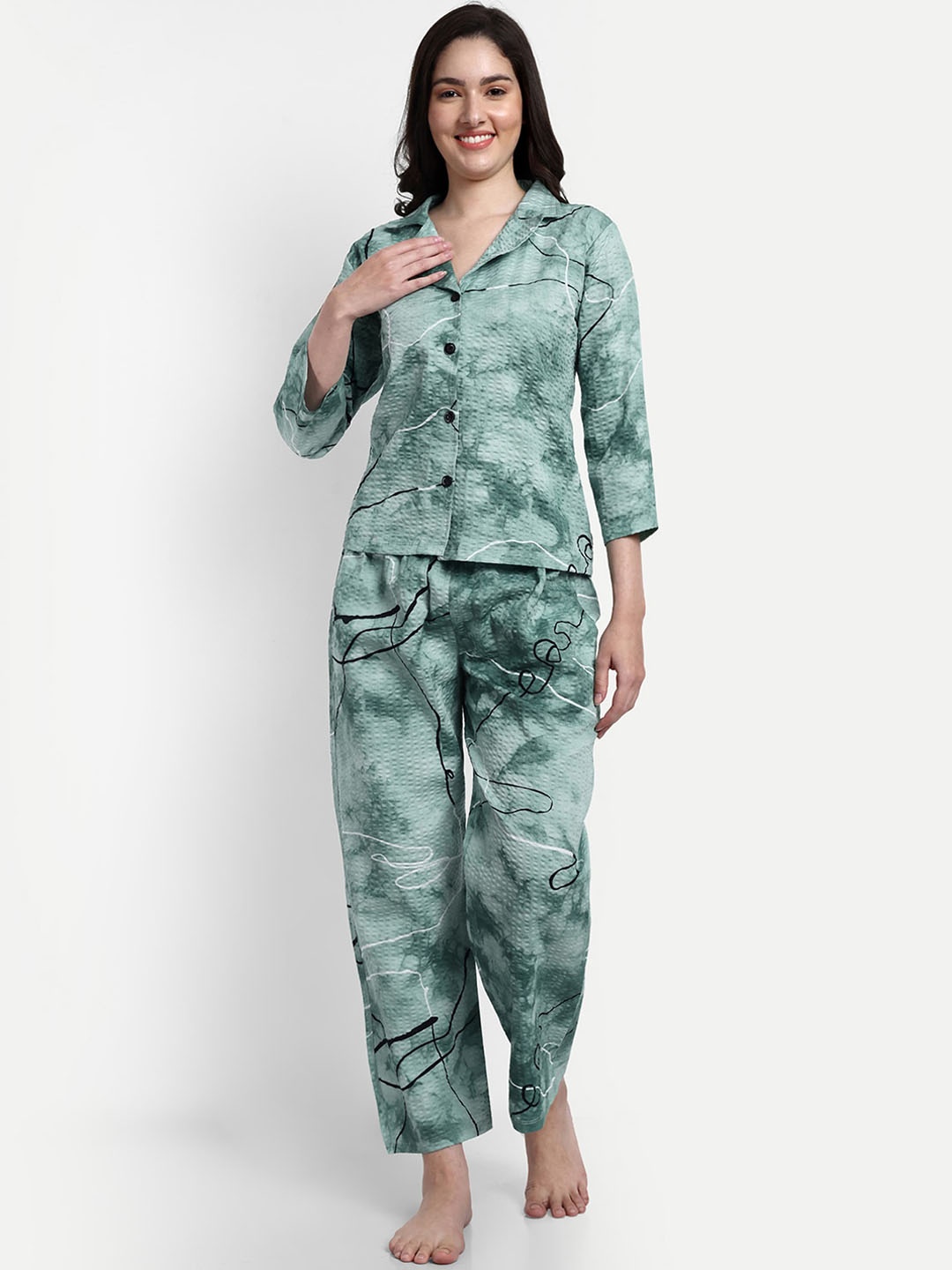 

NIGHT FLOSS Abstract Printed Night suit, Green