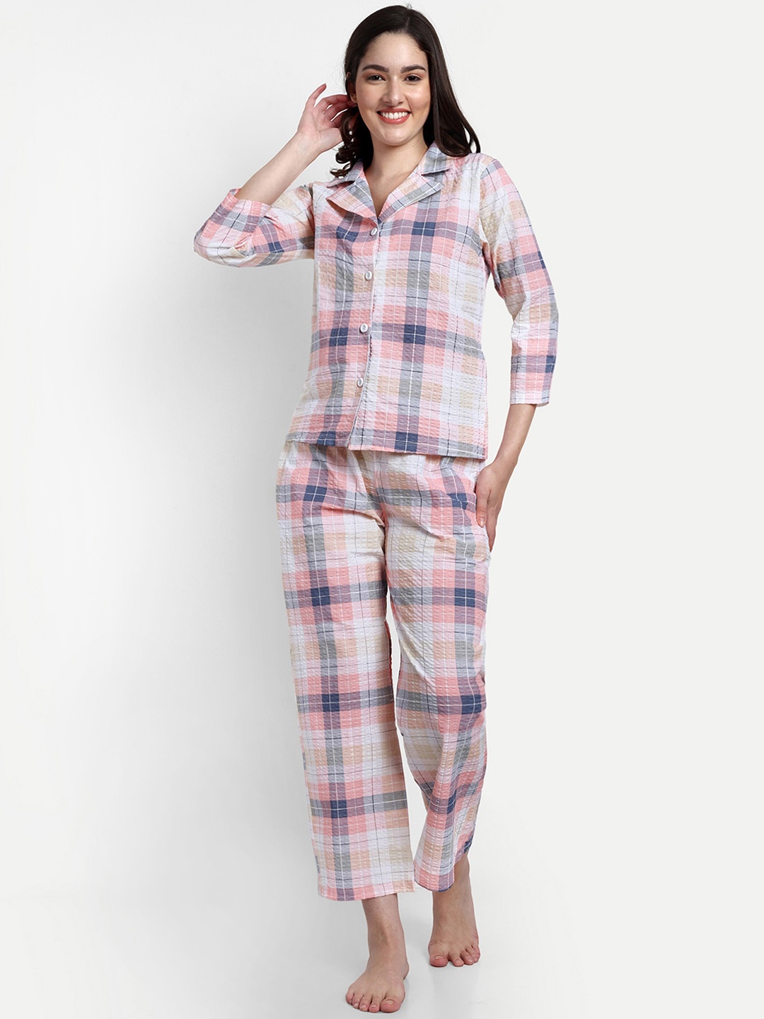 

NIGHT FLOSS Checked Night suit, White