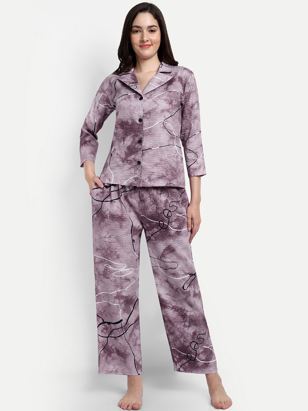 

NIGHT FLOSS Abstract Printed Night Suit, Purple