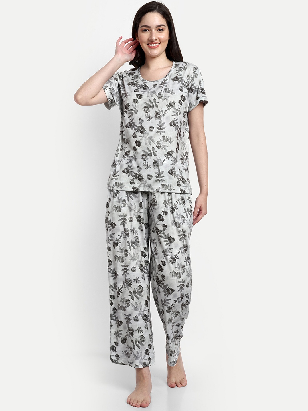 

NIGHT FLOSS Floral Printed Pure Cotton Night suit, White
