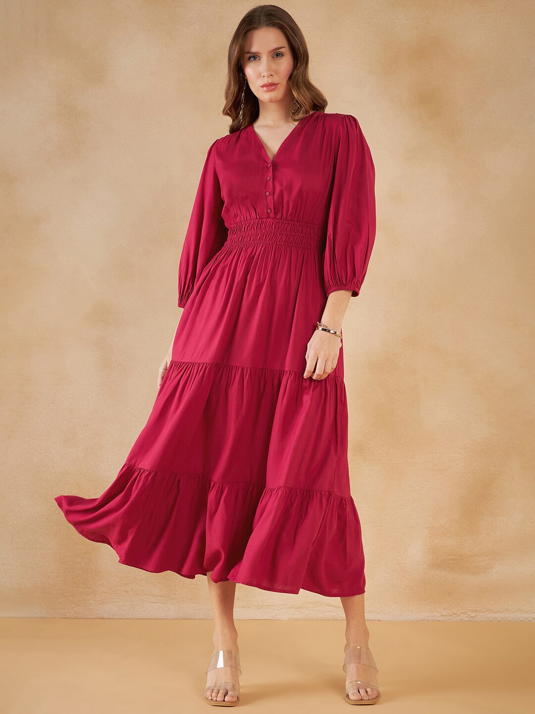

Femella Puffed Sleeves Smocked Fit and Flare Midi Dress, Pink