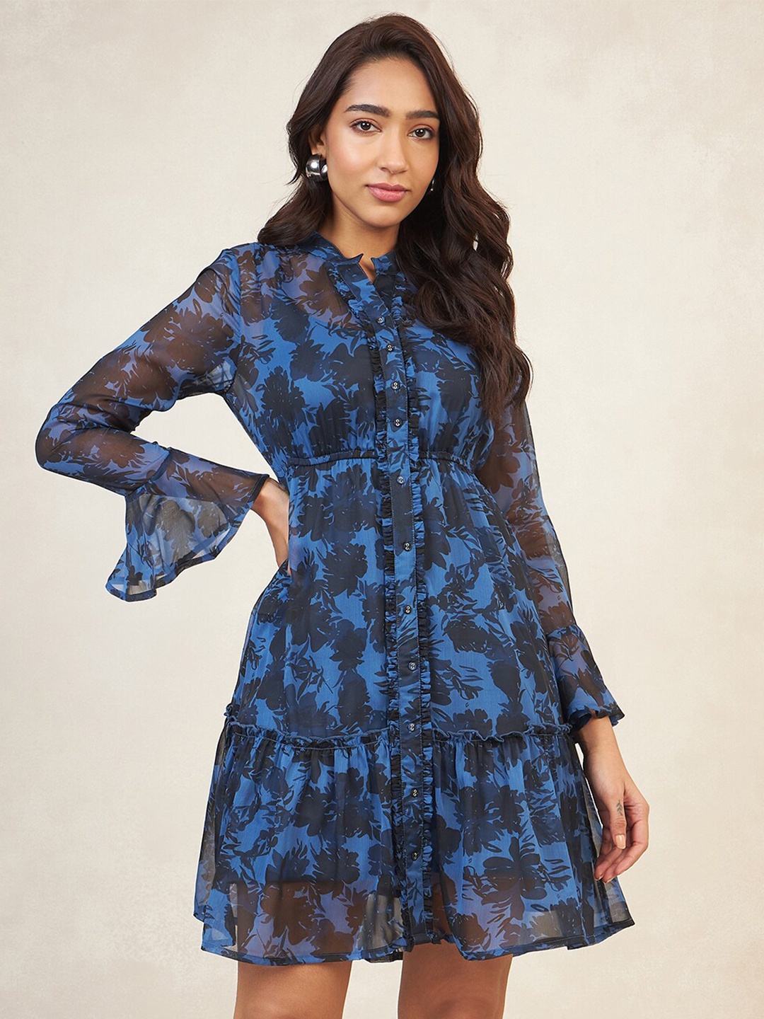 

FEMMELLA Floral Printed Mandarin Collar Bell Sleeves Layered Fit and Flare Dress, Blue