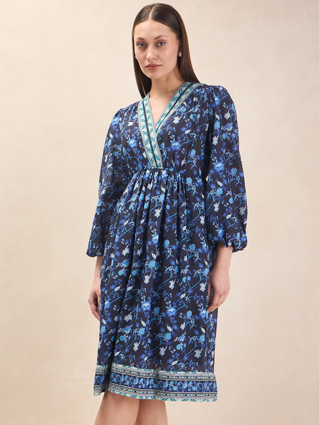 

FEMMELLA Floral Printed Puffed Sleeves Pure Cotton Fit & Flare Dress, Blue