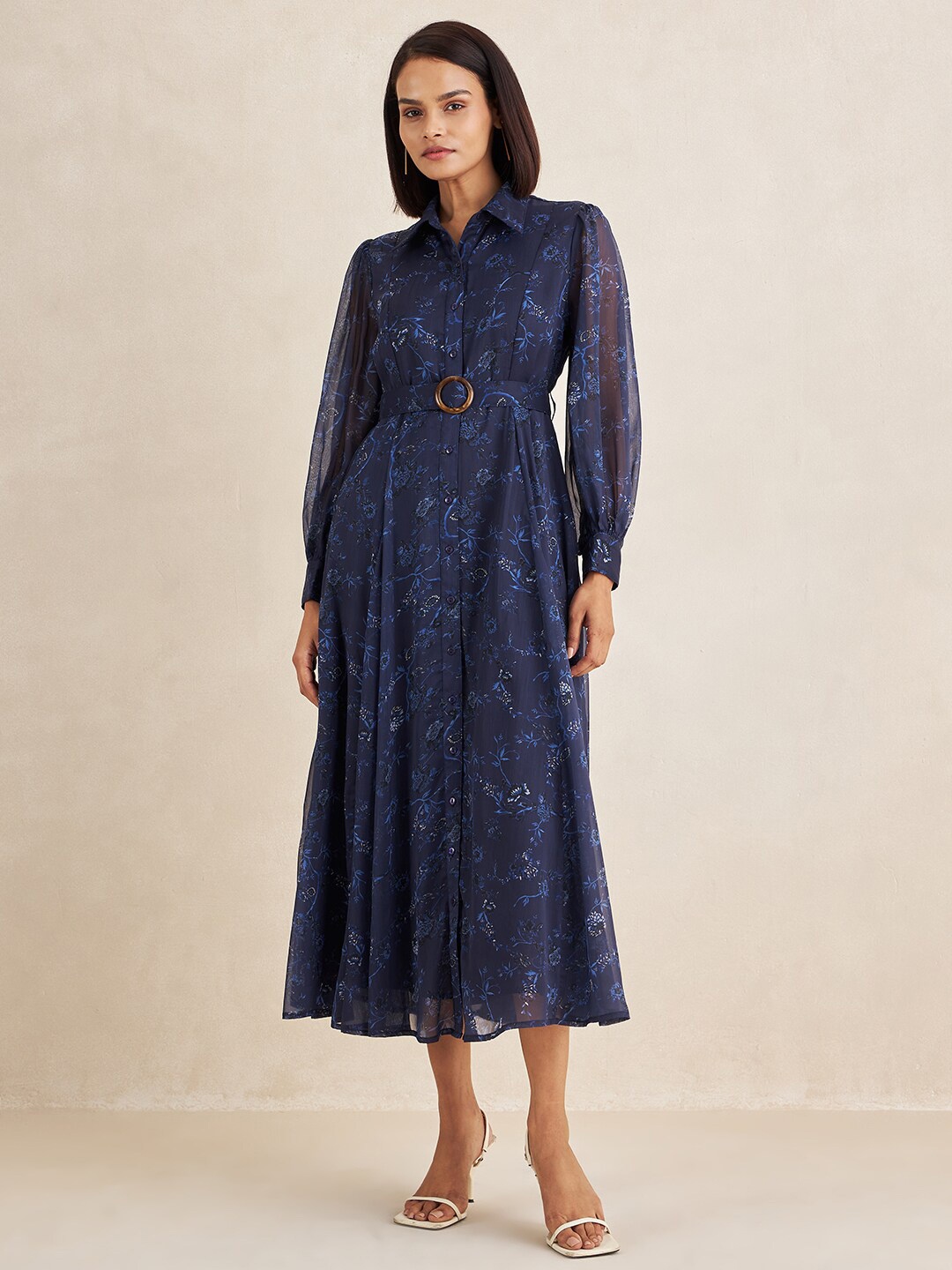 

FEMMELLA Floral Printed Shirt Collar Cuffed Sleeves Chiffon Fit and Flare Midi Dress, Navy blue