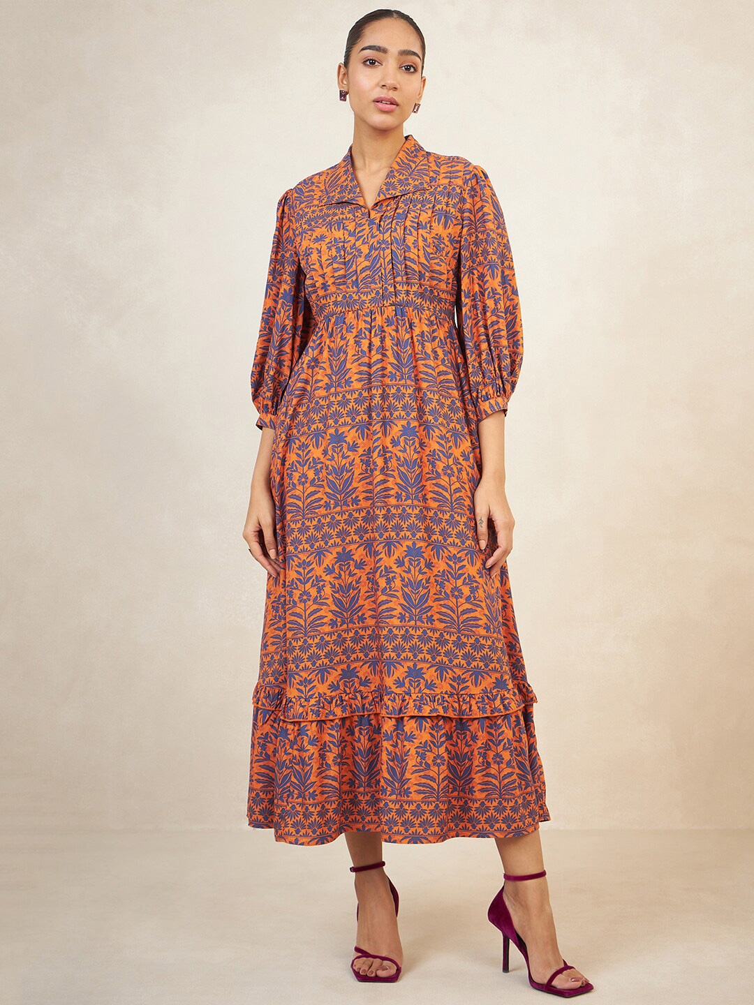 

FEMMELLA Floral Printed Puffed Sleeves Tiered Fit and Flare Maxi Dress, Rust