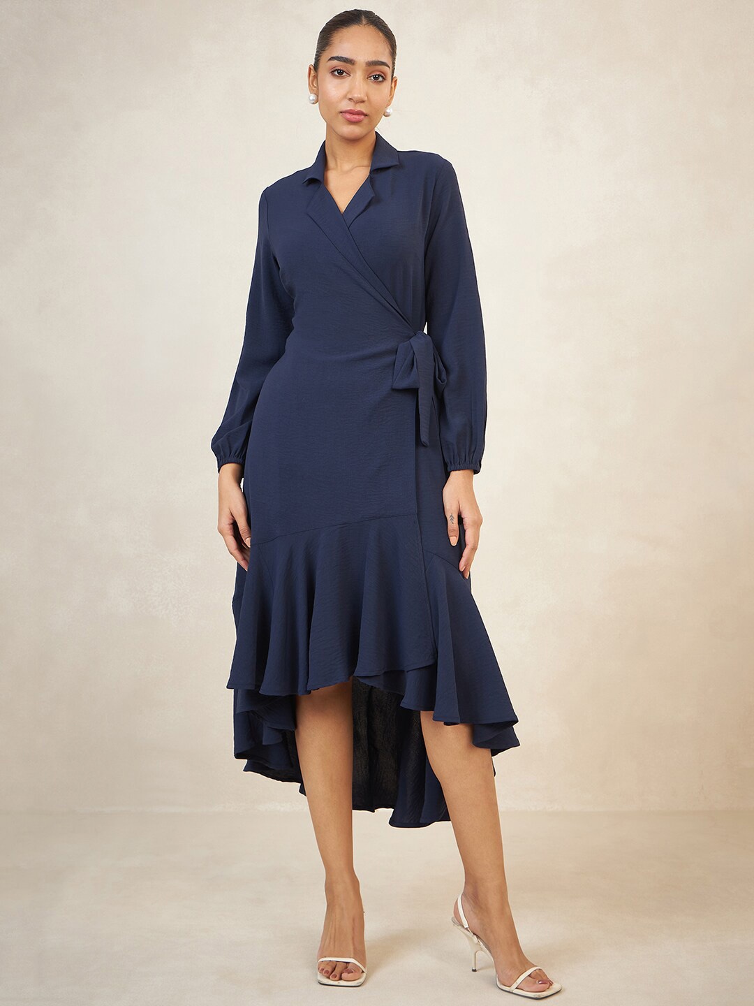 

FEMMELLA Shirt Collar Puffed Sleeves Ruffled Wrap Midi Dress, Navy blue