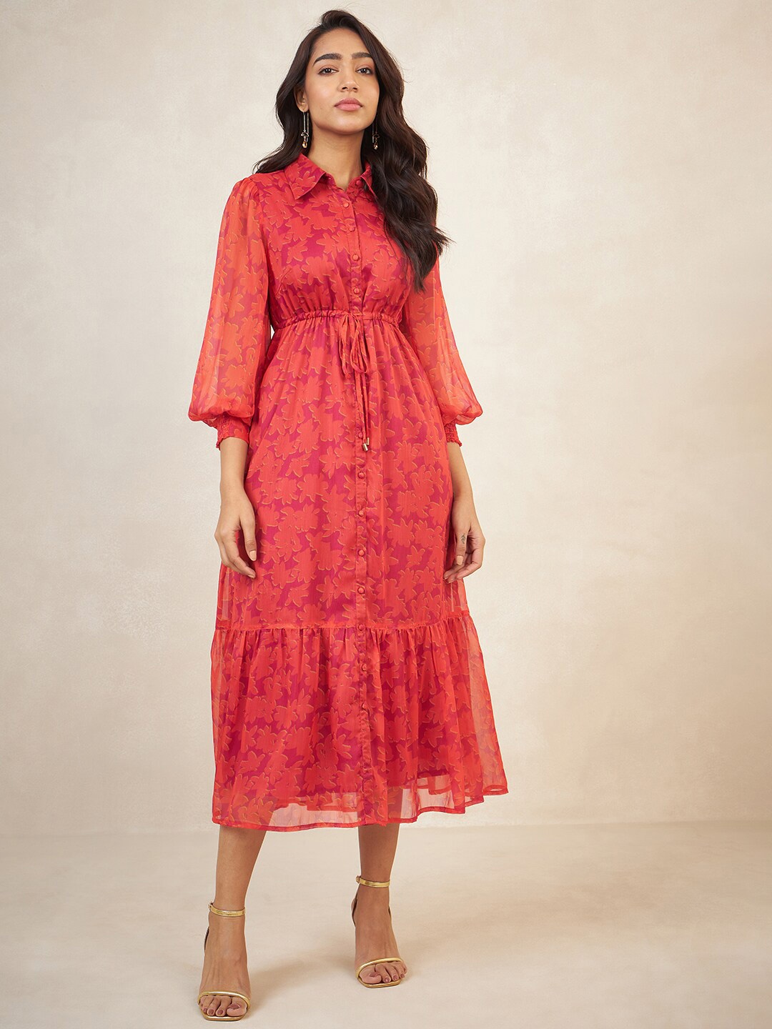 

FEMMELLA Floral Printed Shirt Collar Cuffed Sleeves Chiffon Tiered Fit and Flare Midi Dress, Pink