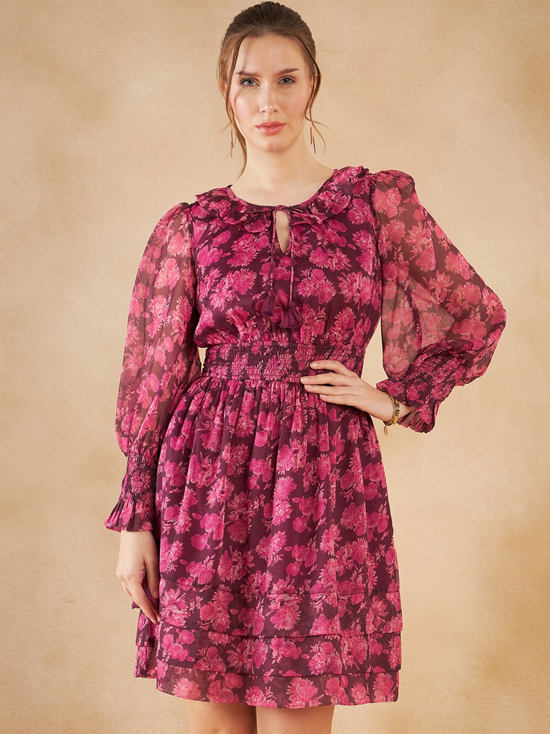 

FEMMELLA Floral Printed Tie-Up Neck Puffed Sleeves Smocked Fit & Flare Dress, Burgundy