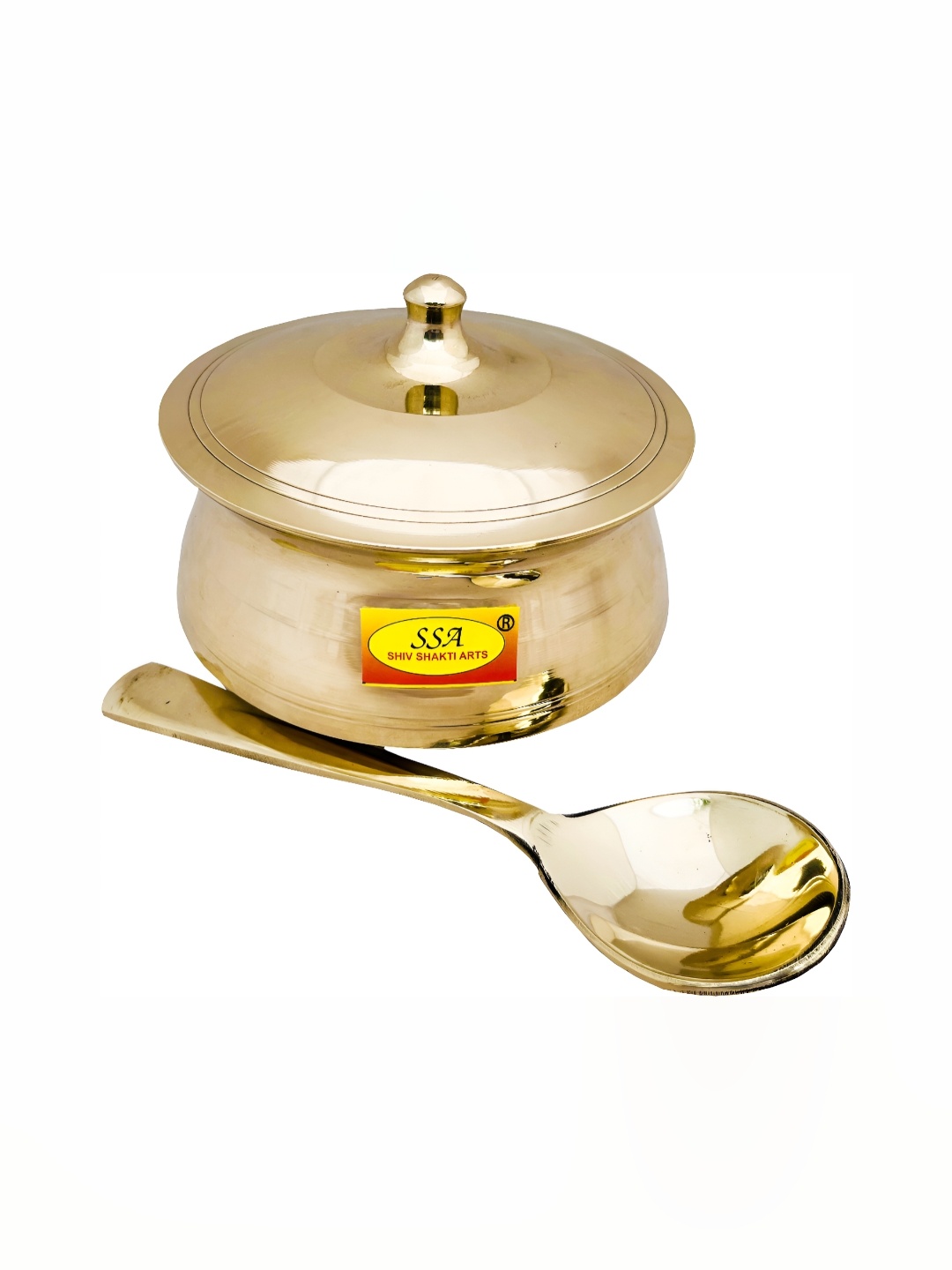 

Shivshakti Arts Yellow Brass 3 Pieces Serving Casserole Donga With Spoon 1L