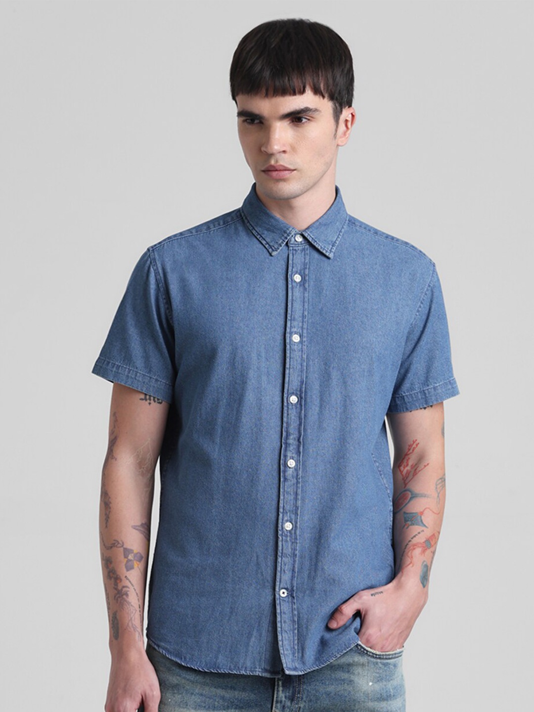 

Jack & Jones Spread Collar Short Sleeves Casual Pure Cotton Denim Shirt, Blue