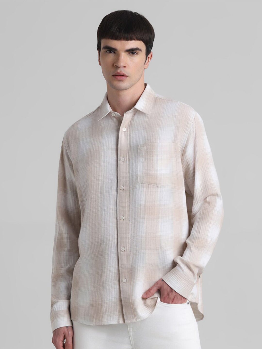 

Jack & Jones Oversized Checked Cotton Linen Casual Shirt, Cream