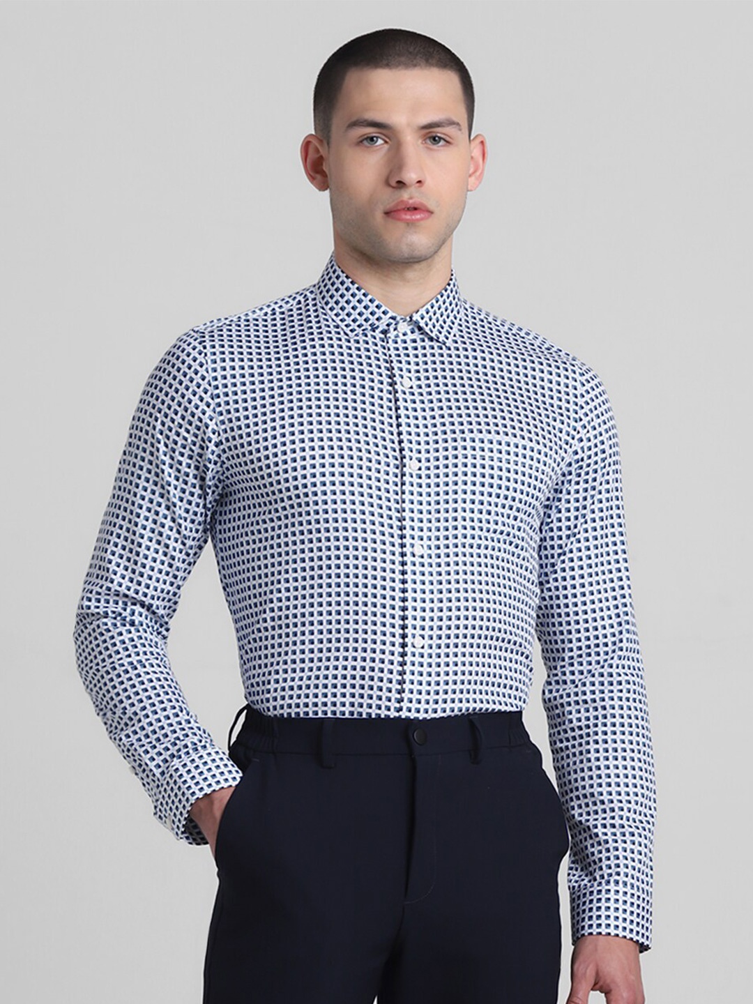 

Jack & Jones Spread Collar Slim Fit Gingham Checked Casual Pure Cotton Shirt, White