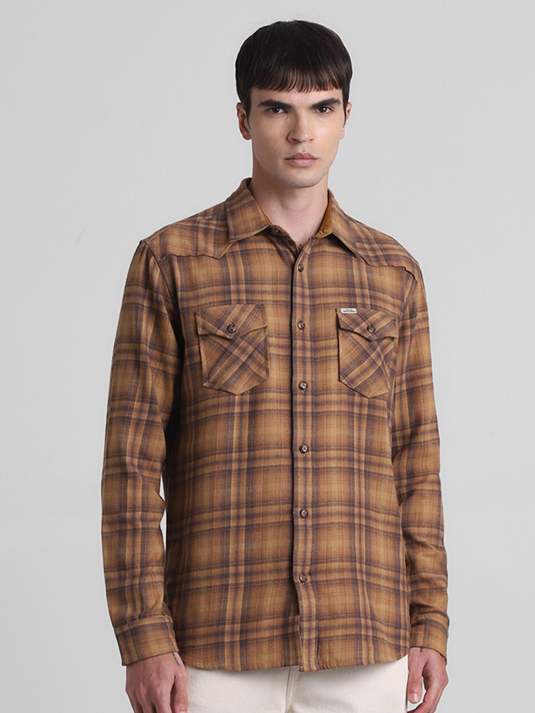 

Jack & Jones Tartan Checked Spread Collar Pure Cotton Casual Shirt, Brown