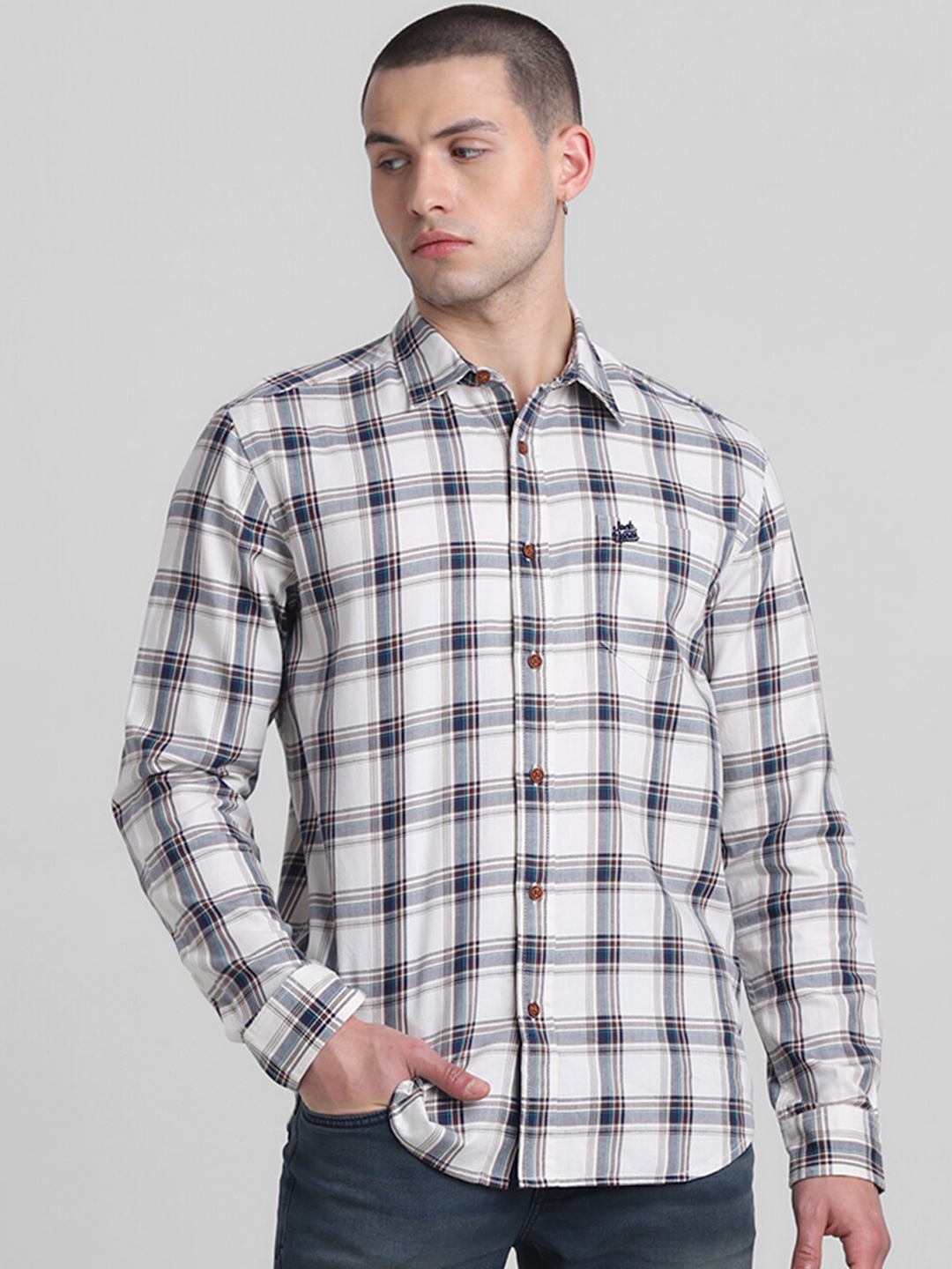 

Jack & Jones Tartan Checked Spread Collar Pure Cotton Casual Shirt, White