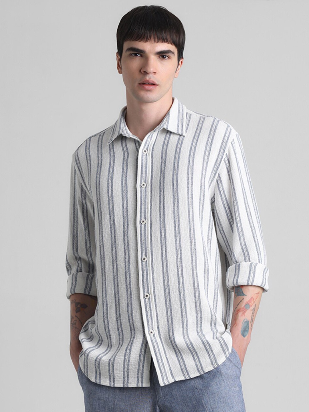 

Jack & Jones Striped Long Sleeves Pure Cotton Casual Shirt, White