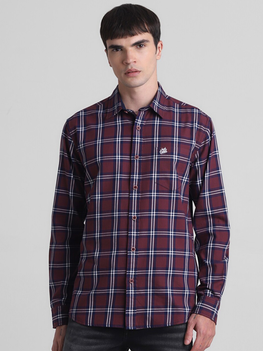 

Jack & Jones Spread Collar Tartan Checked Casual Pure Cotton Shirt, Maroon