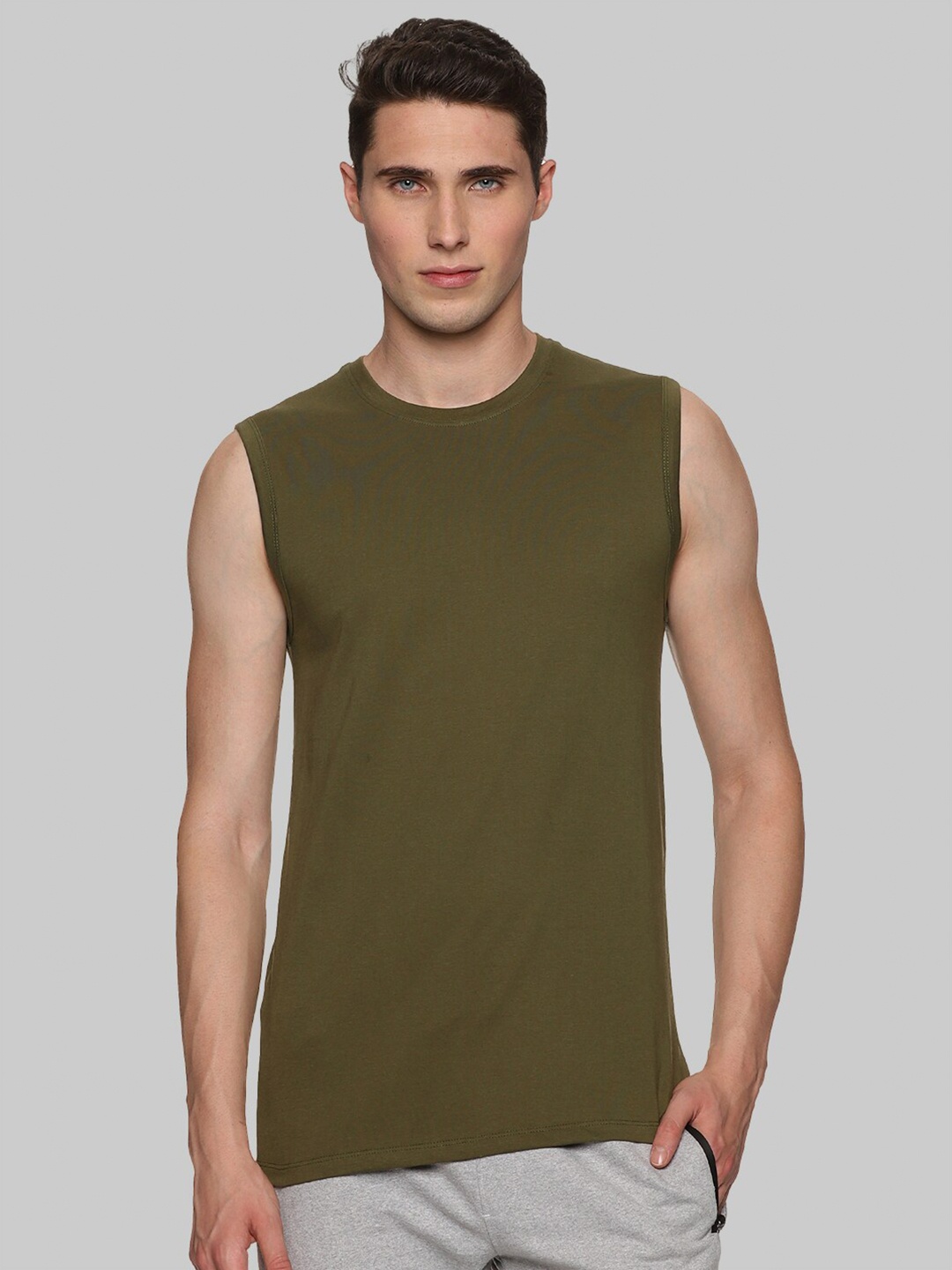 

BAESD Round Neck Sleeveless Cotton Regular T-shirt, Olive