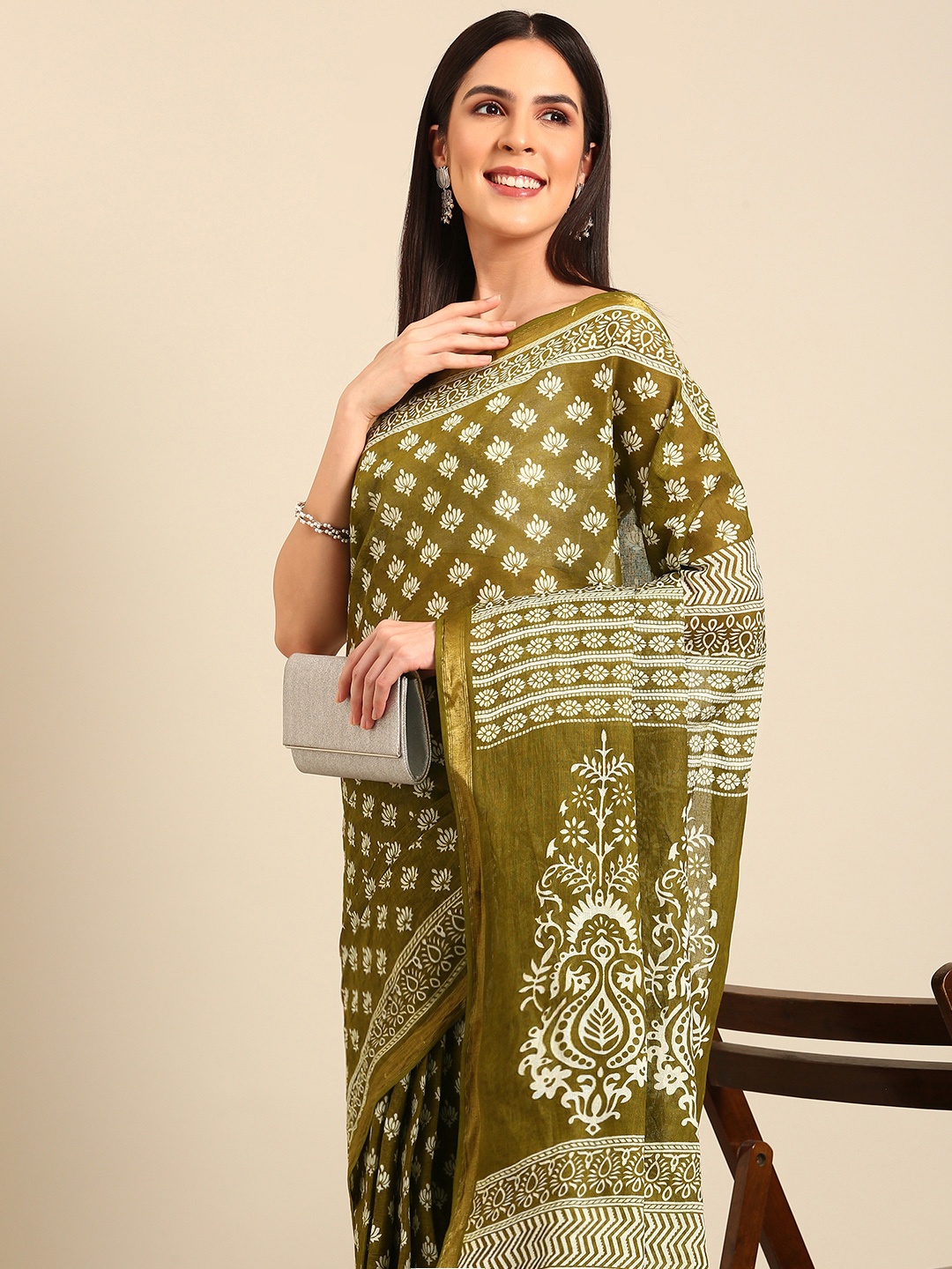 

SHANVIKA Ethnic Motifs Printed Zari Pure Cotton Saree, Green