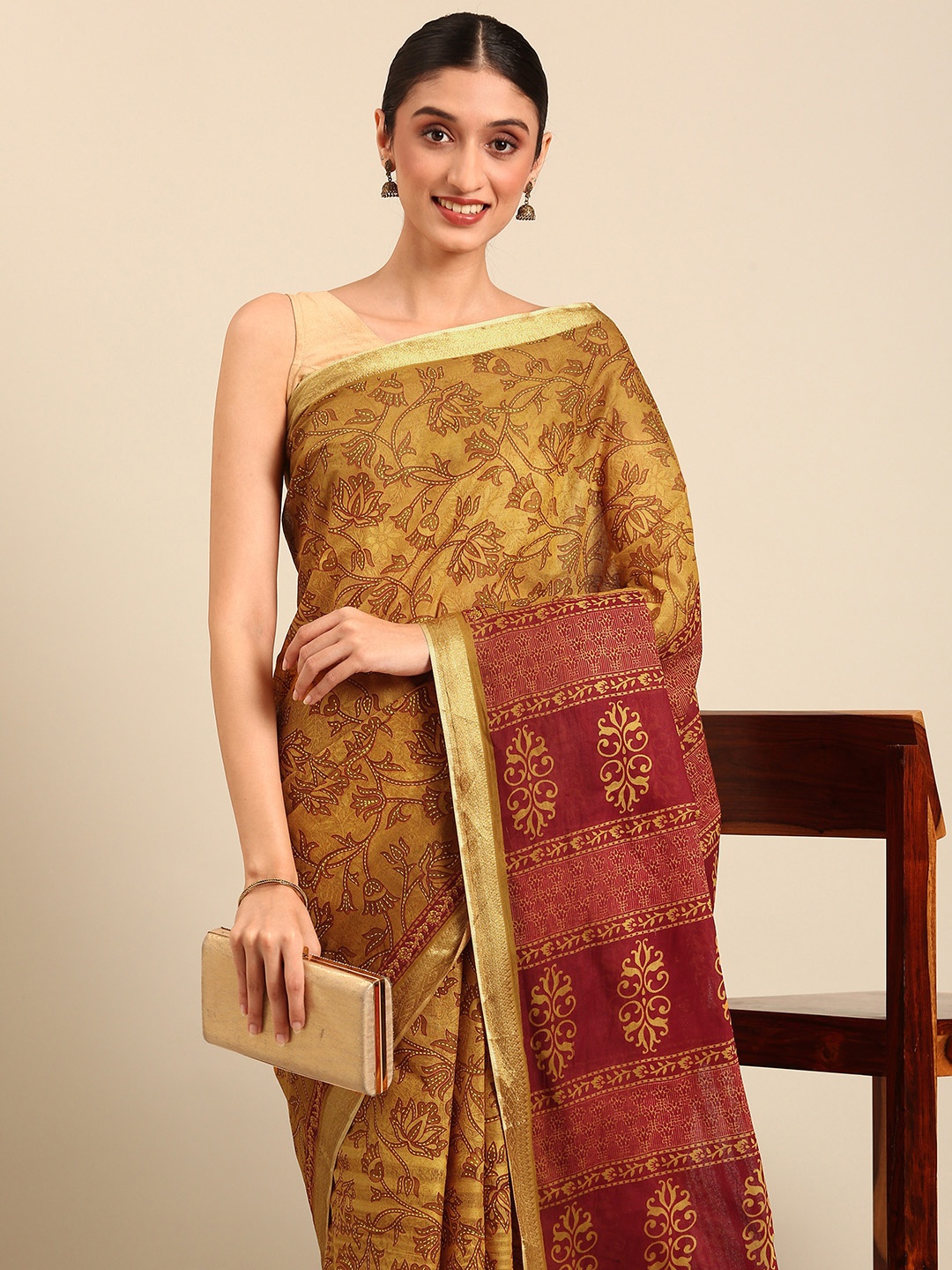 

SHANVIKA Floral Pure Cotton Saree, Mustard