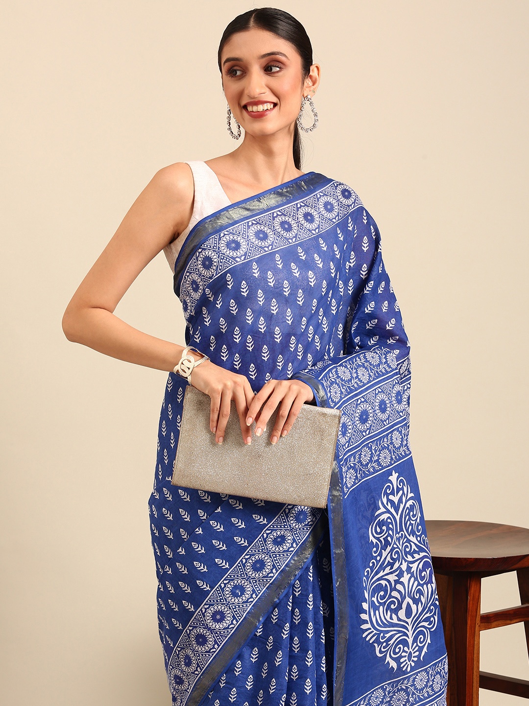 

SHANVIKA Ethnic Motifs Printed Zari Pure Cotton Saree, Blue