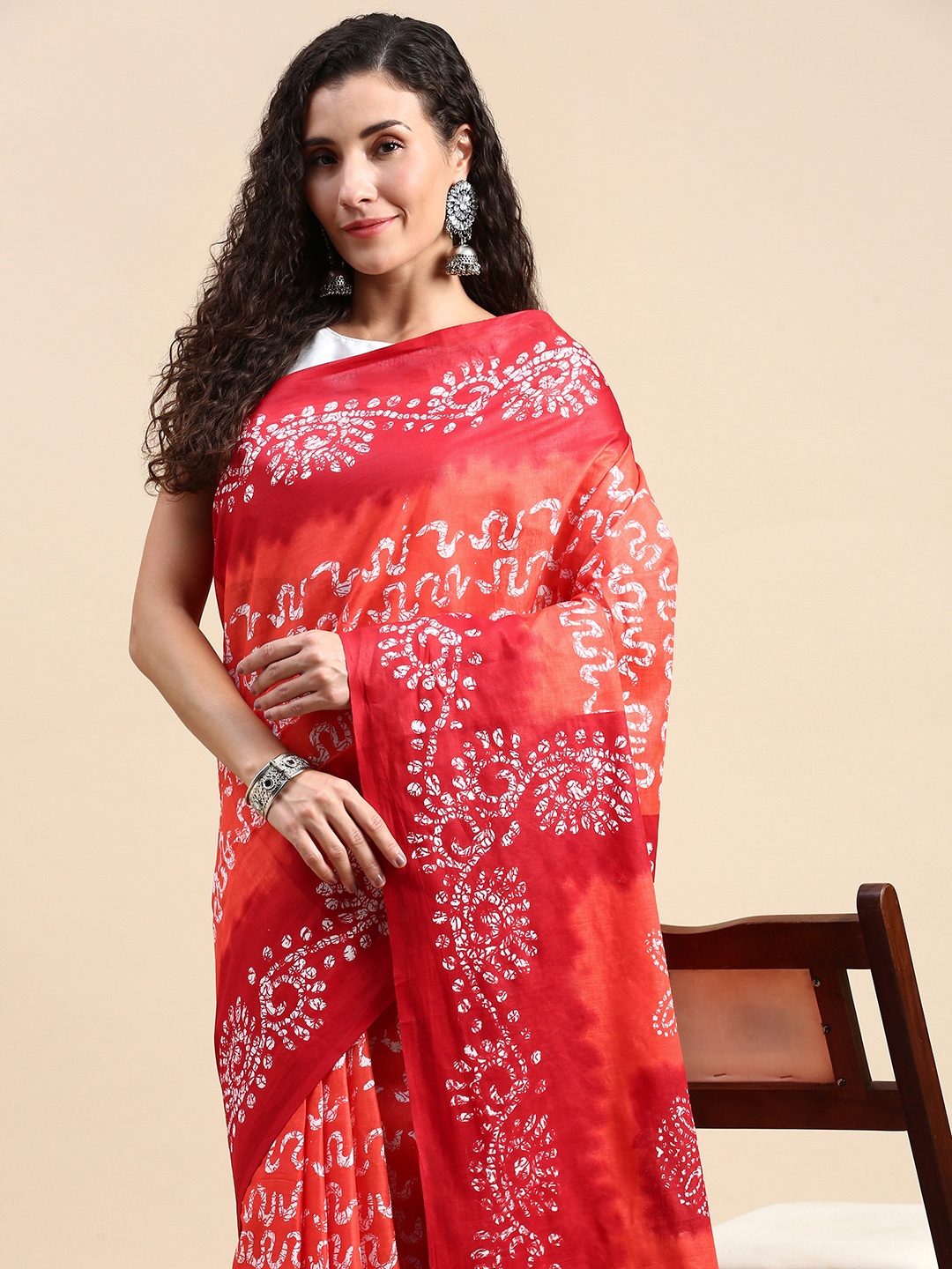 

SHANVIKA Batik Printed Pure Cotton Saree, Coral