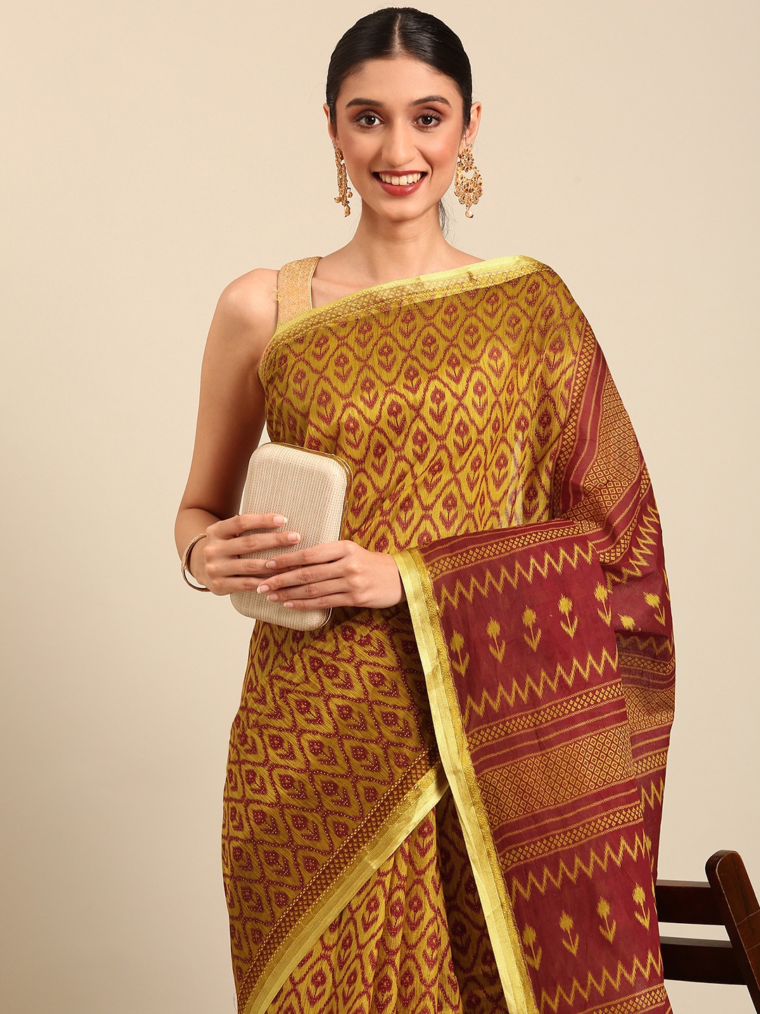 

SHANVIKA Ethnic Motifs Pure Cotton Saree, Mustard