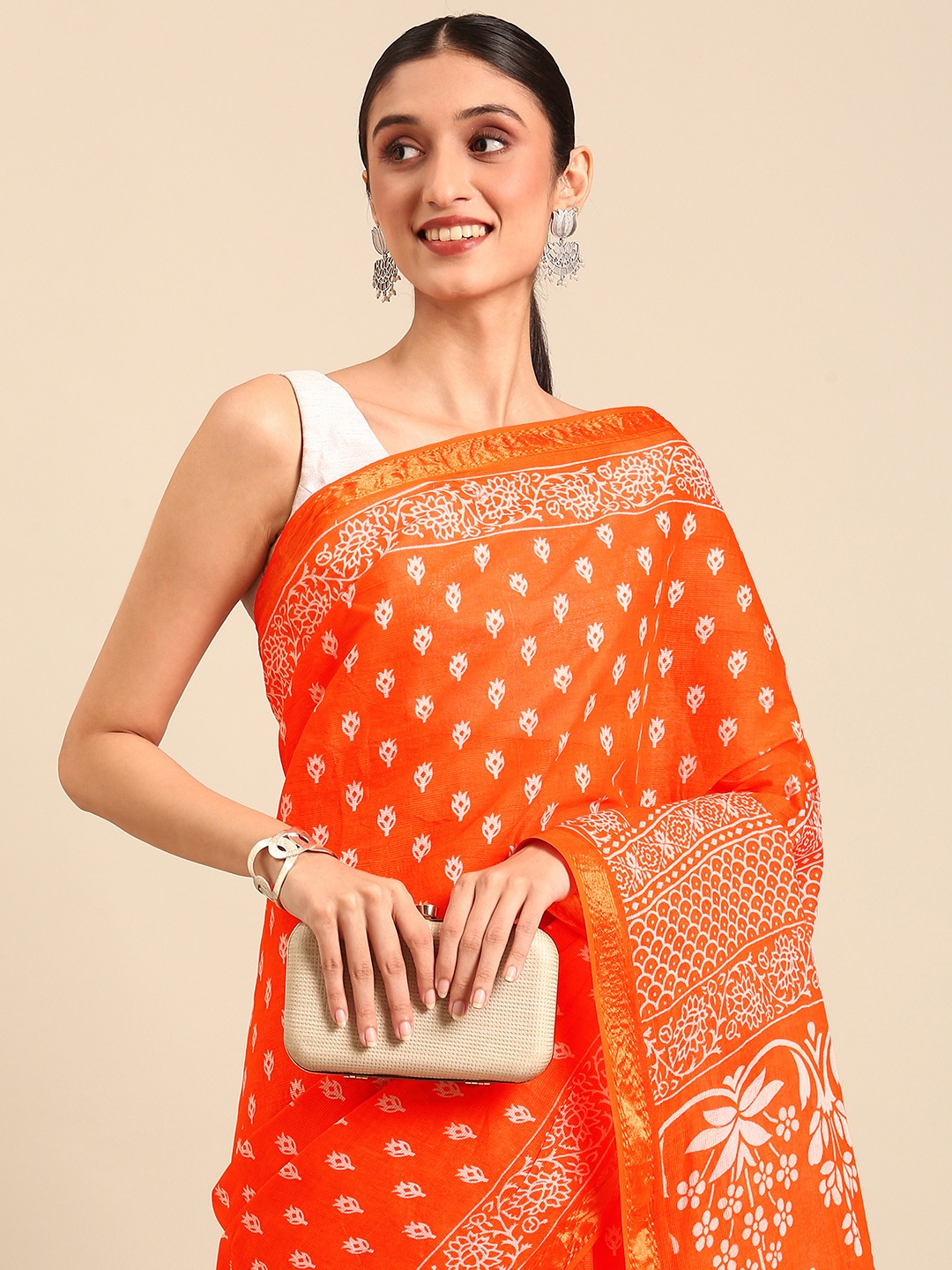 

SHANVIKA Floral Printed Pure Cotton Saree, Orange