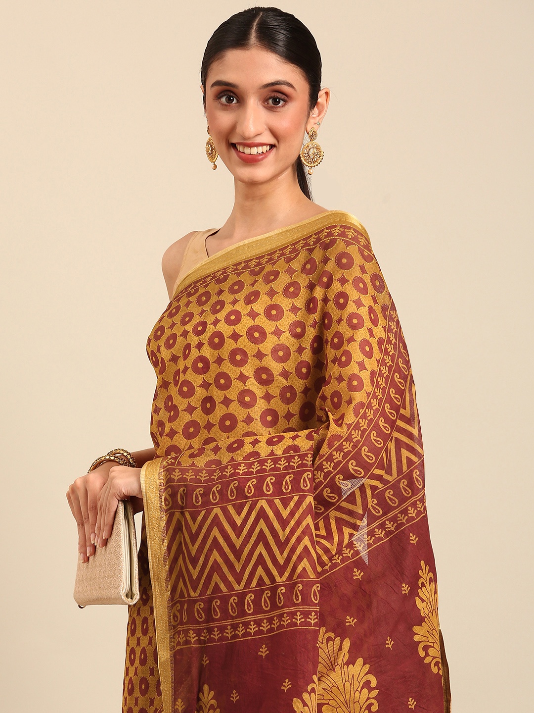 

SHANVIKA Geometric Printed Zari Pure Cotton Saree, Mustard