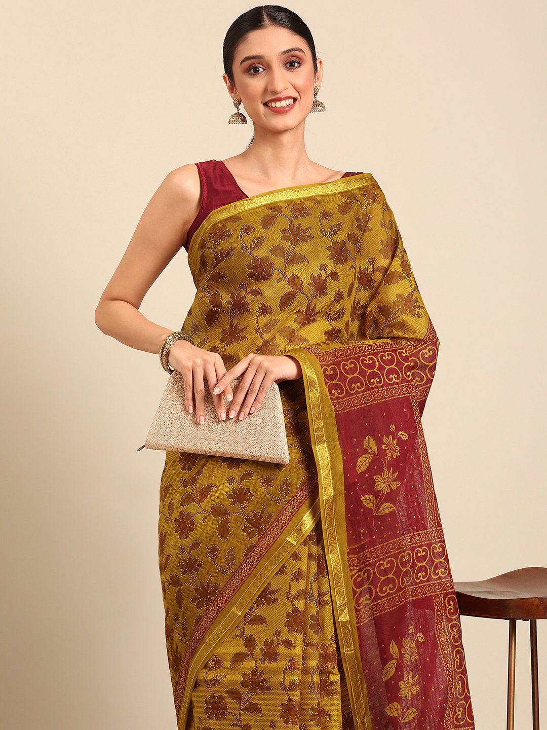 

SHANVIKA Floral Zari Pure Cotton Saree, Brown