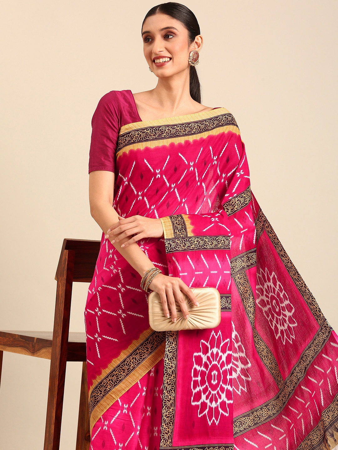 

SHANVIKA Ethnic Motifs Printed Pure Cotton Saree, Pink