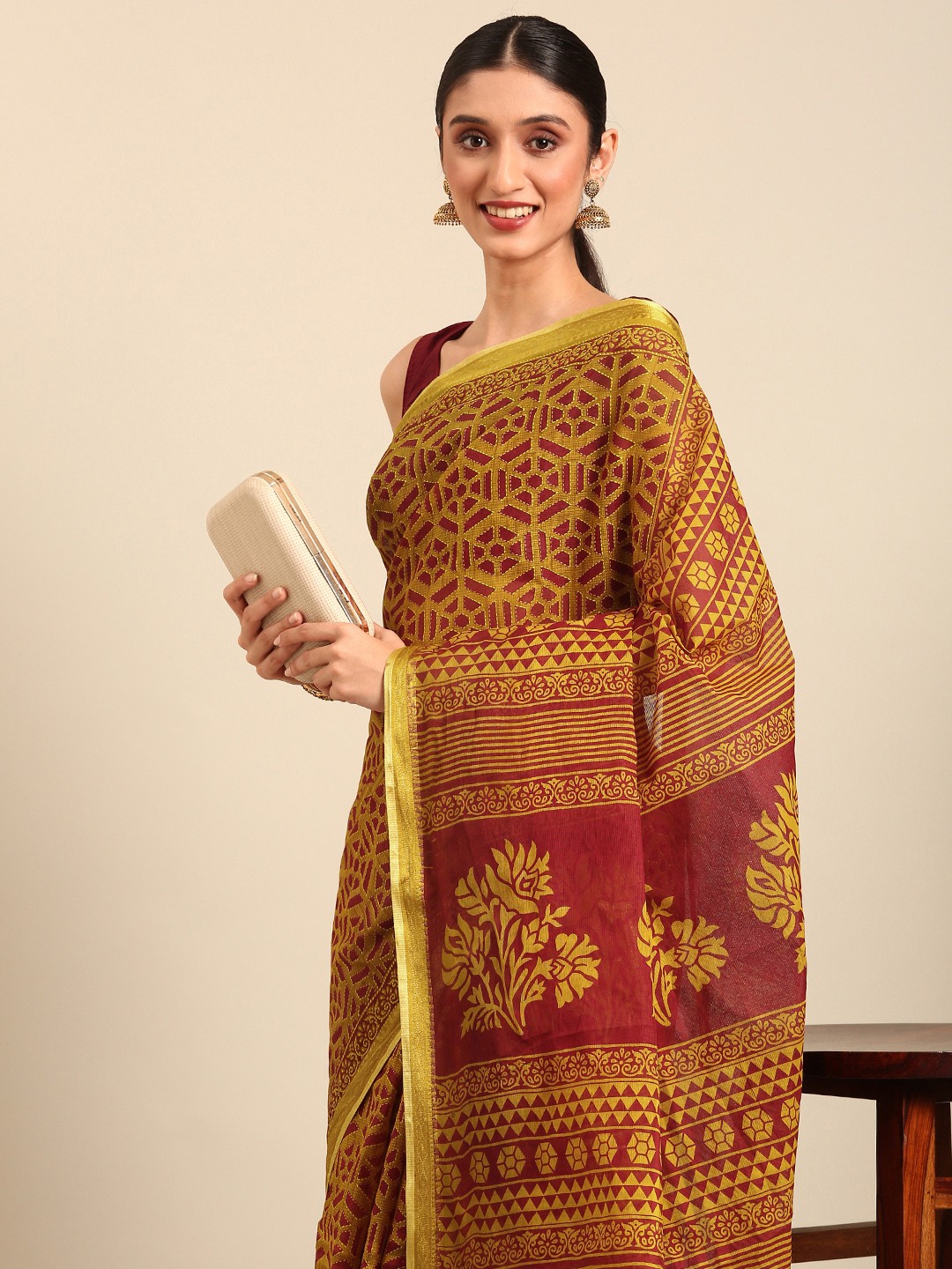 

SHANVIKA Geometric Printed Pure Cotton Saree, Mustard