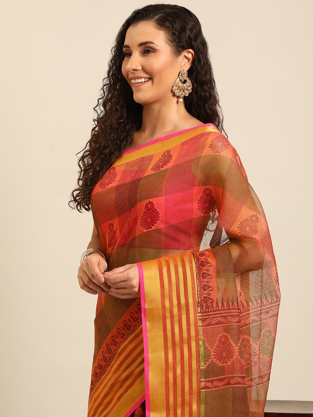 

SHANVIKA Ethnic Motifs Printed Zari Saree, Rust