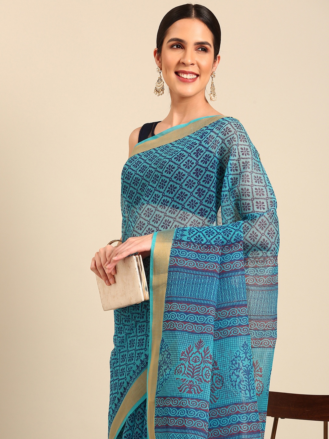 

SHANVIKA Ethnic Motifs Printed Zari Saree, Blue