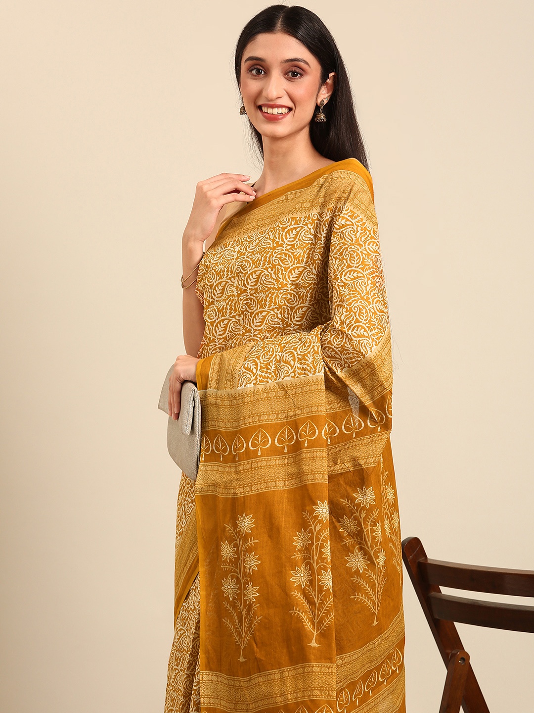 

SHANVIKA Ethnic Motifs Pure Cotton Saree, Mustard