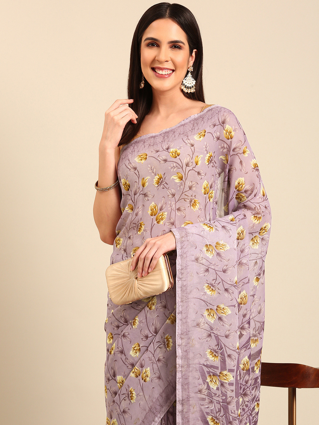 

SHANVIKA Floral Printed Chiffon Saree, Lavender