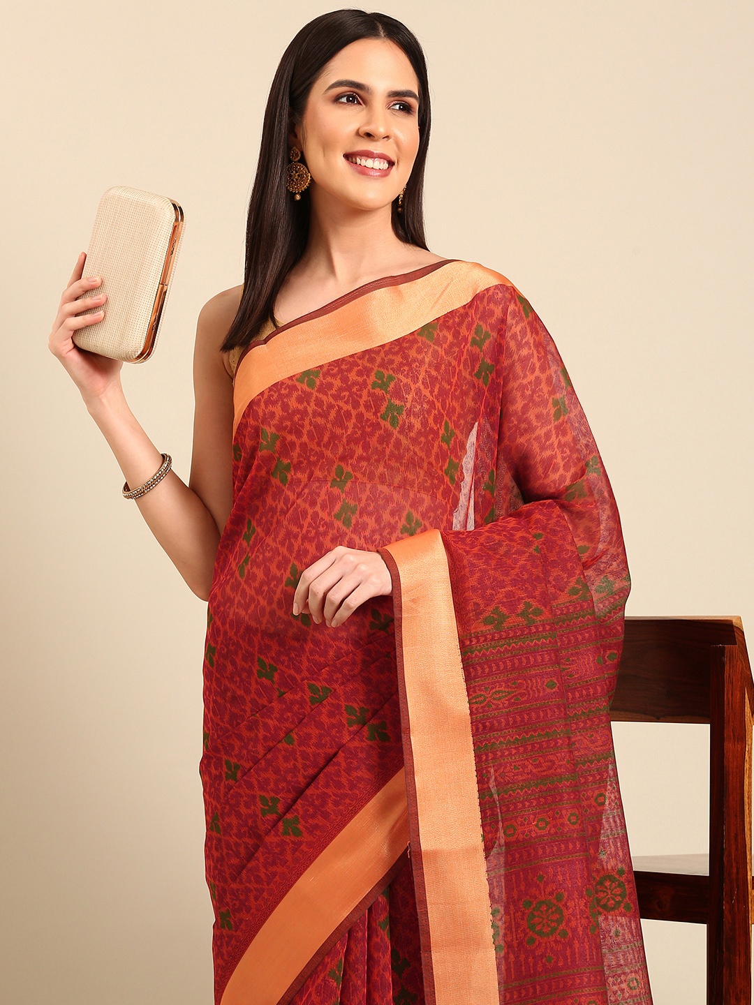 

SHANVIKA Ethnic Motifs Printed Zari Saree, Orange