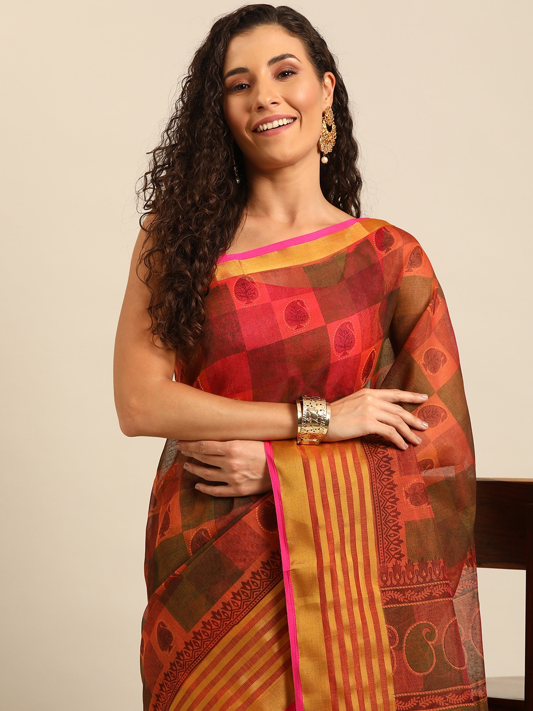 

SHANVIKA Ethnic Motifs Printed Zari Saree, Rust
