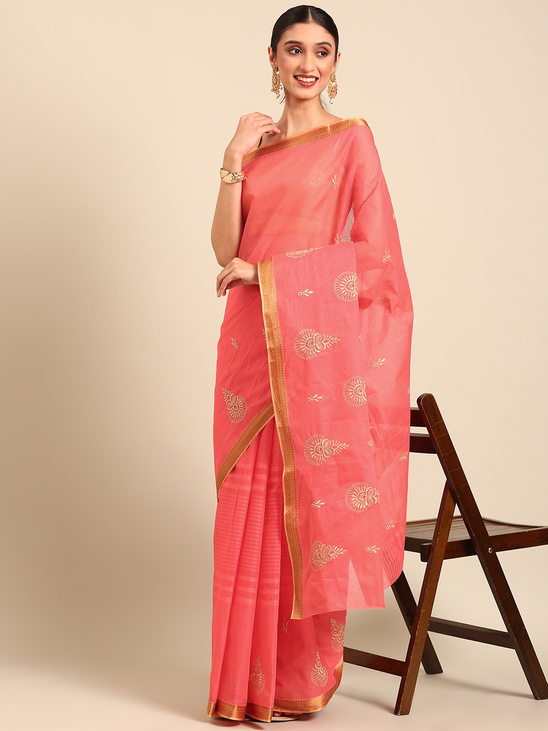 

SHANVIKA Ethnic Motifs Zari Pure Cotton Saree, Coral