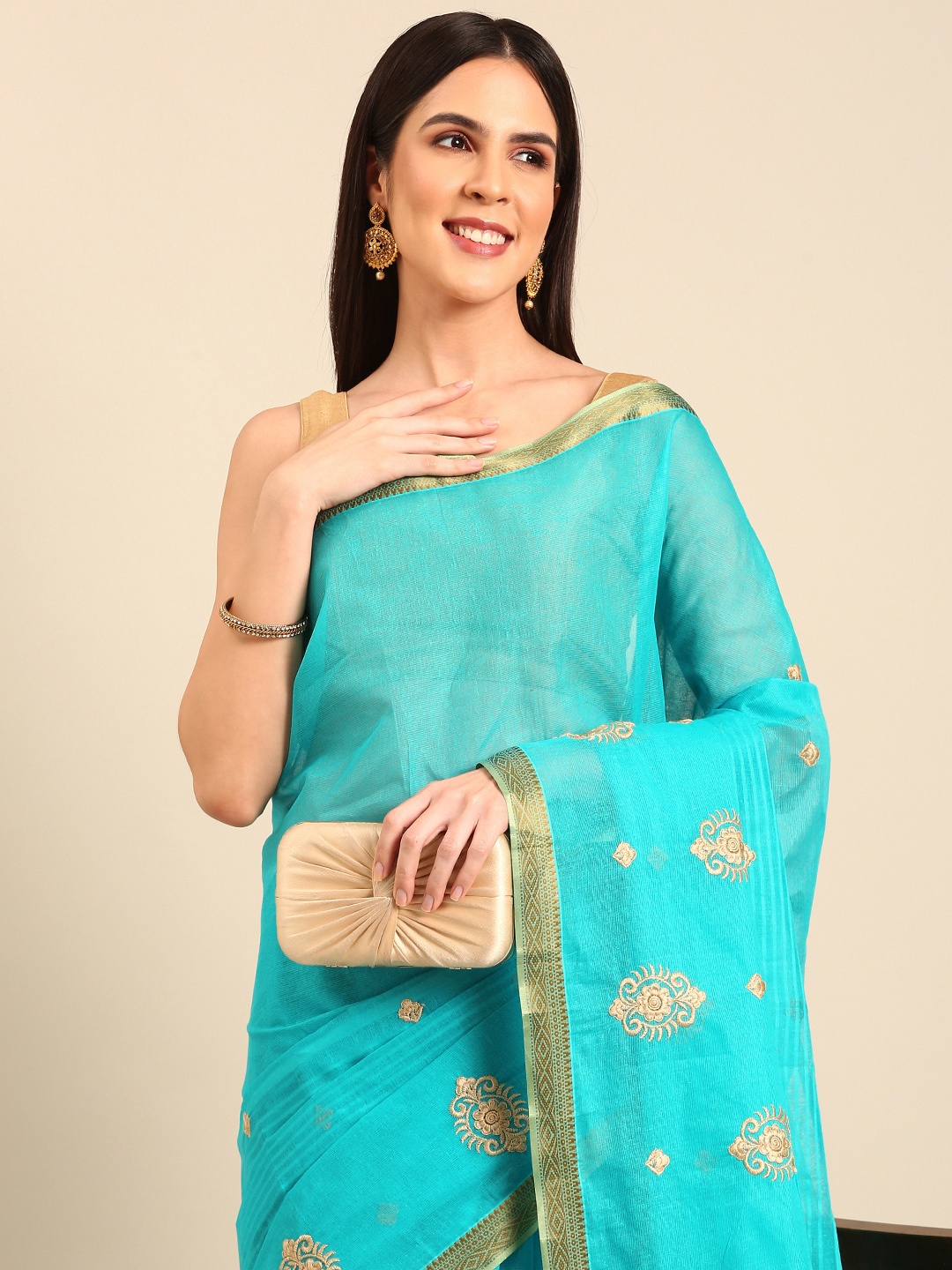 

SHANVIKA Ethnic Motifs Embroidered Zari Pure Cotton Saree, Blue