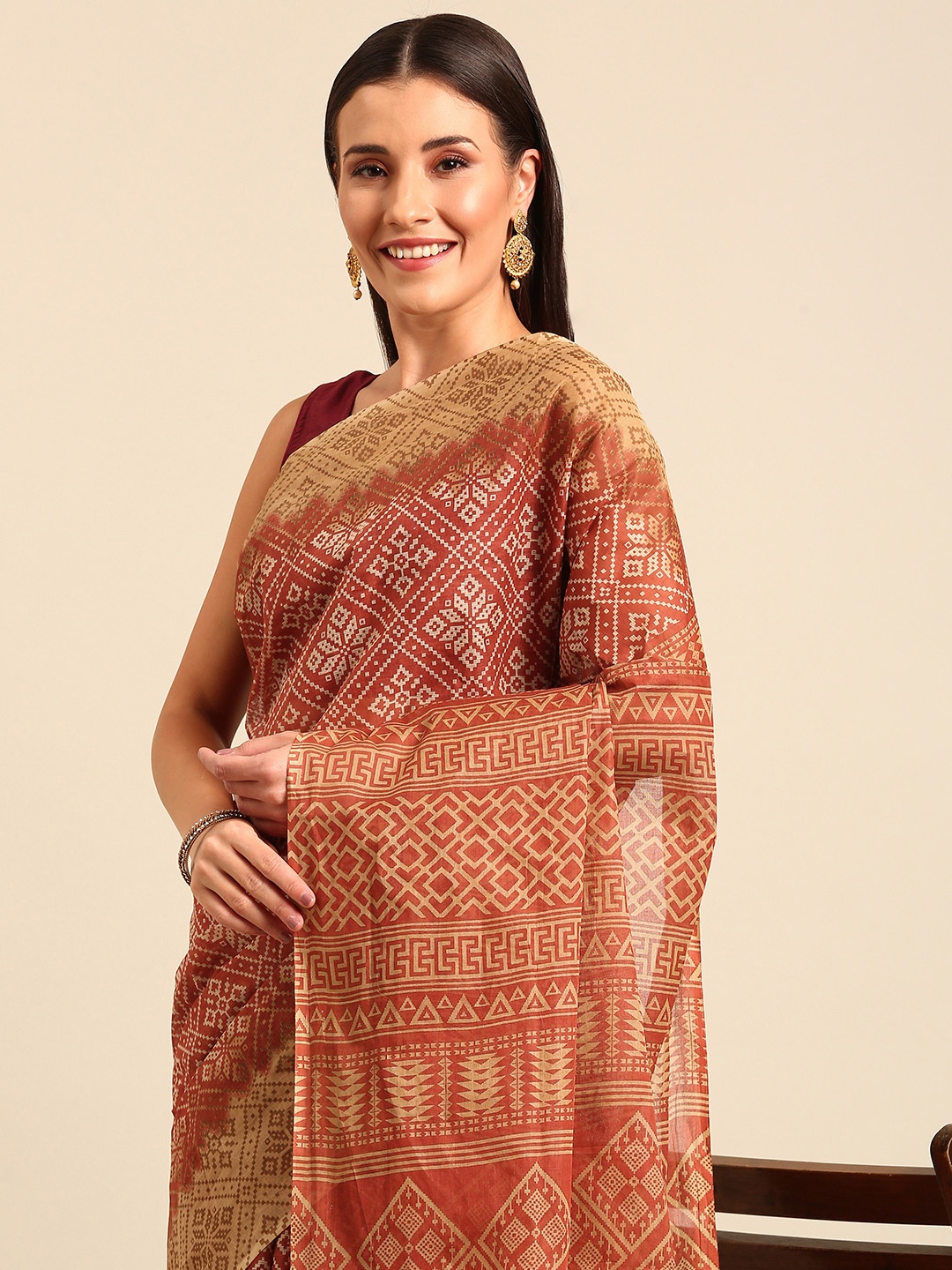 

SHANVIKA Ethnic Motifs Pure Cotton Saree, Rust