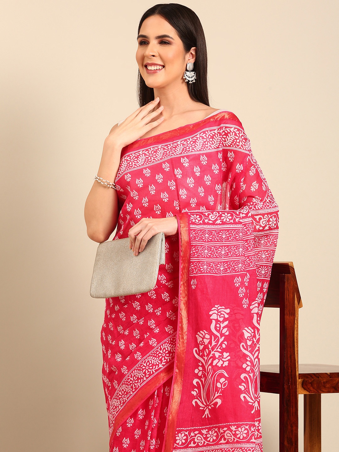 

SHANVIKA Ethnic Motifs Printed Zari Pure Cotton Saree, Pink