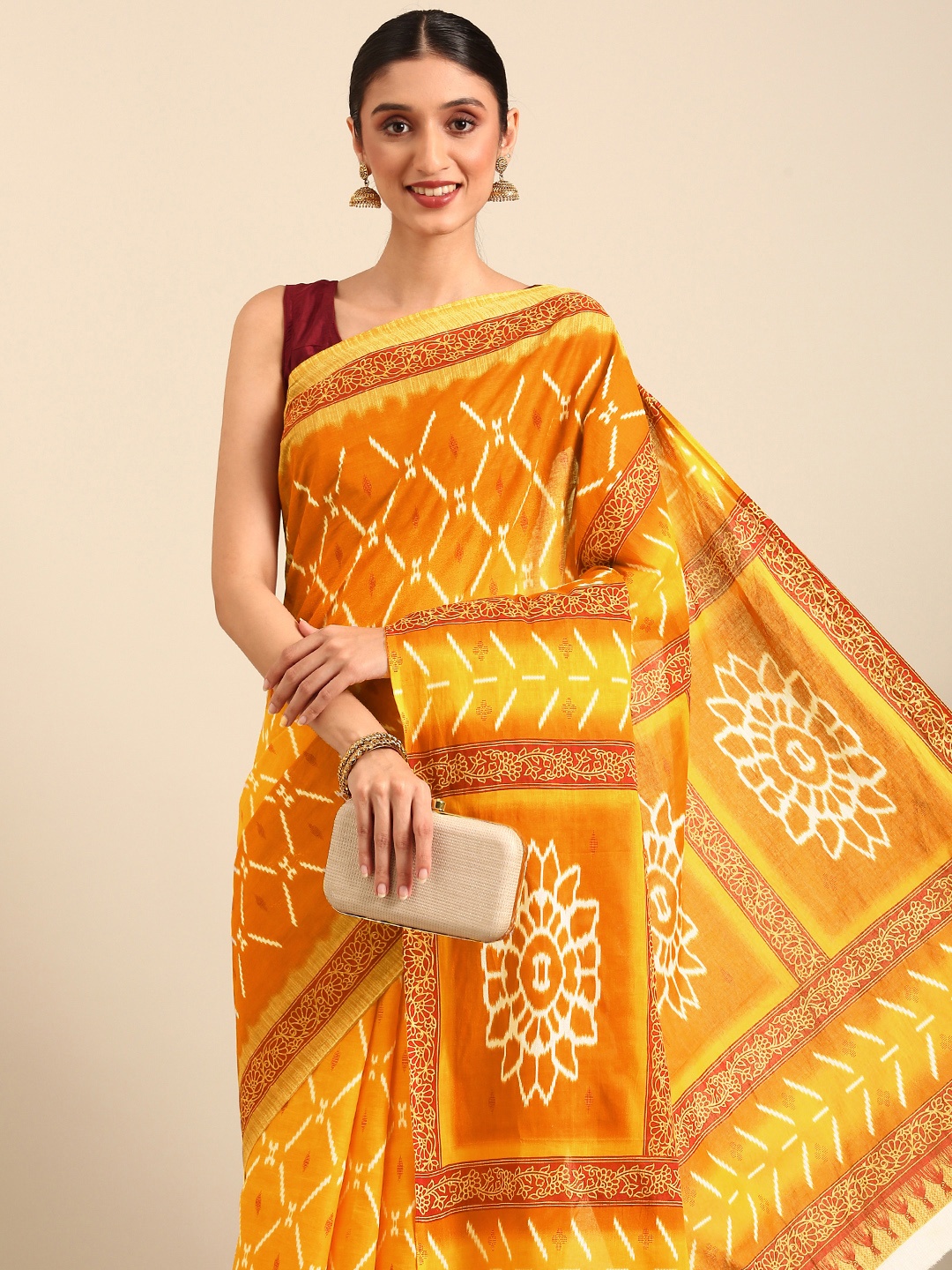 

SHANVIKA Printed Pure Cotton Saree, Mustard