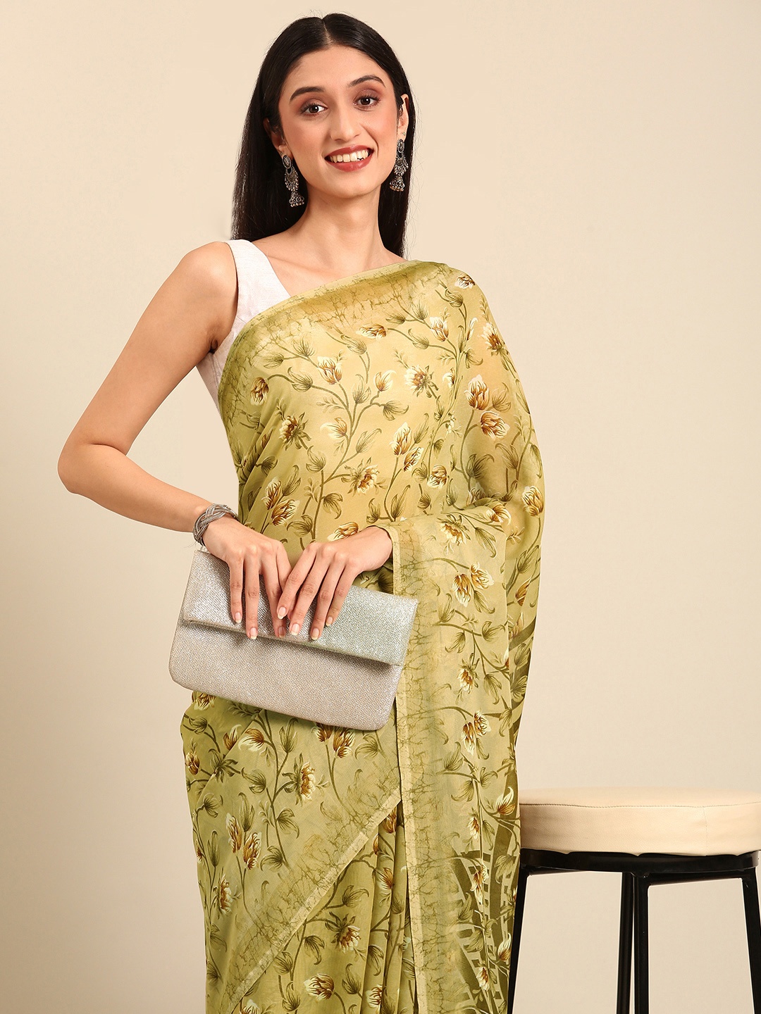 

SHANVIKA Floral Printed Saree, Olive