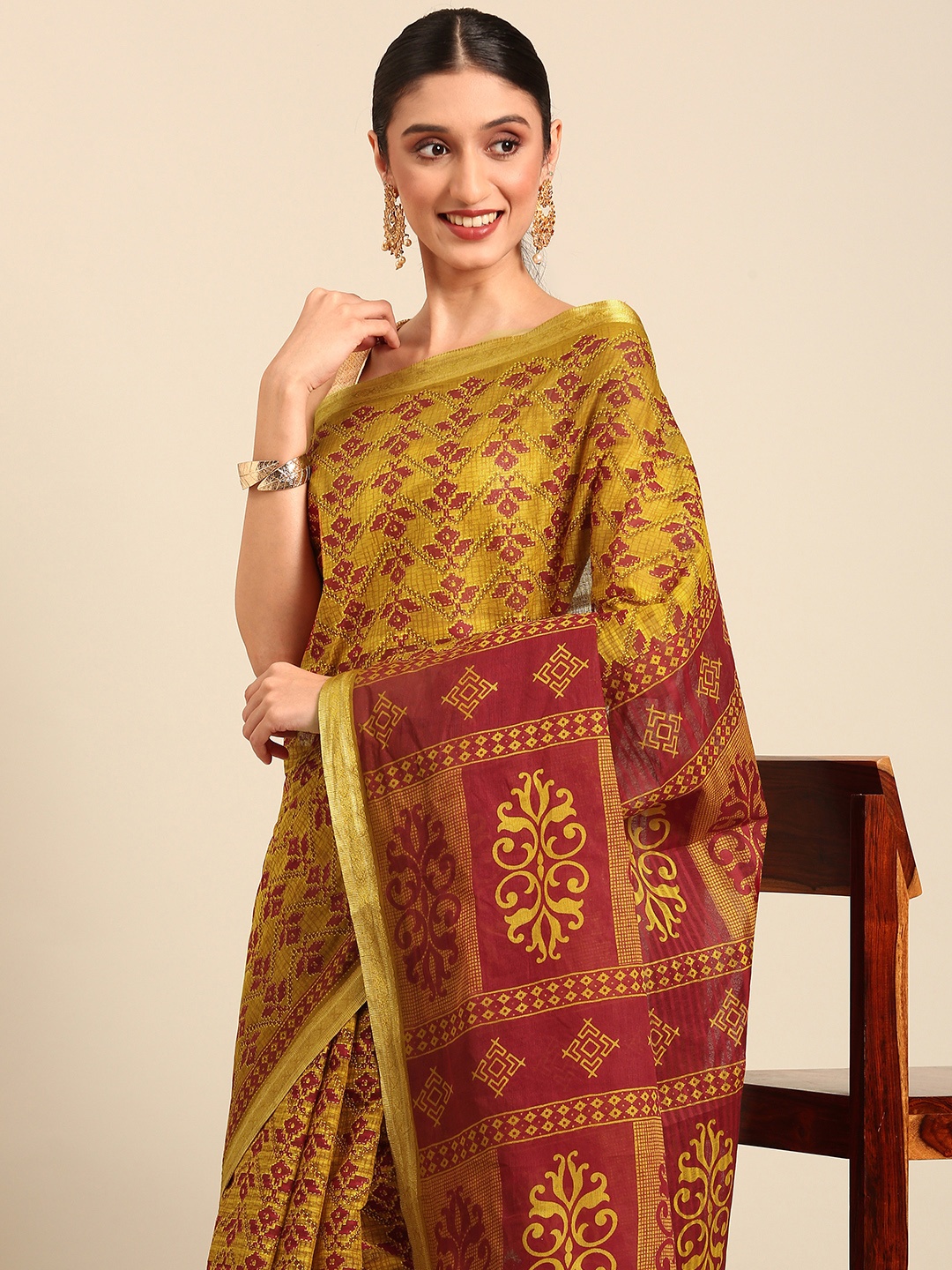 

SHANVIKA Ethnic Motifs Printed Pure Cotton Saree, Mustard